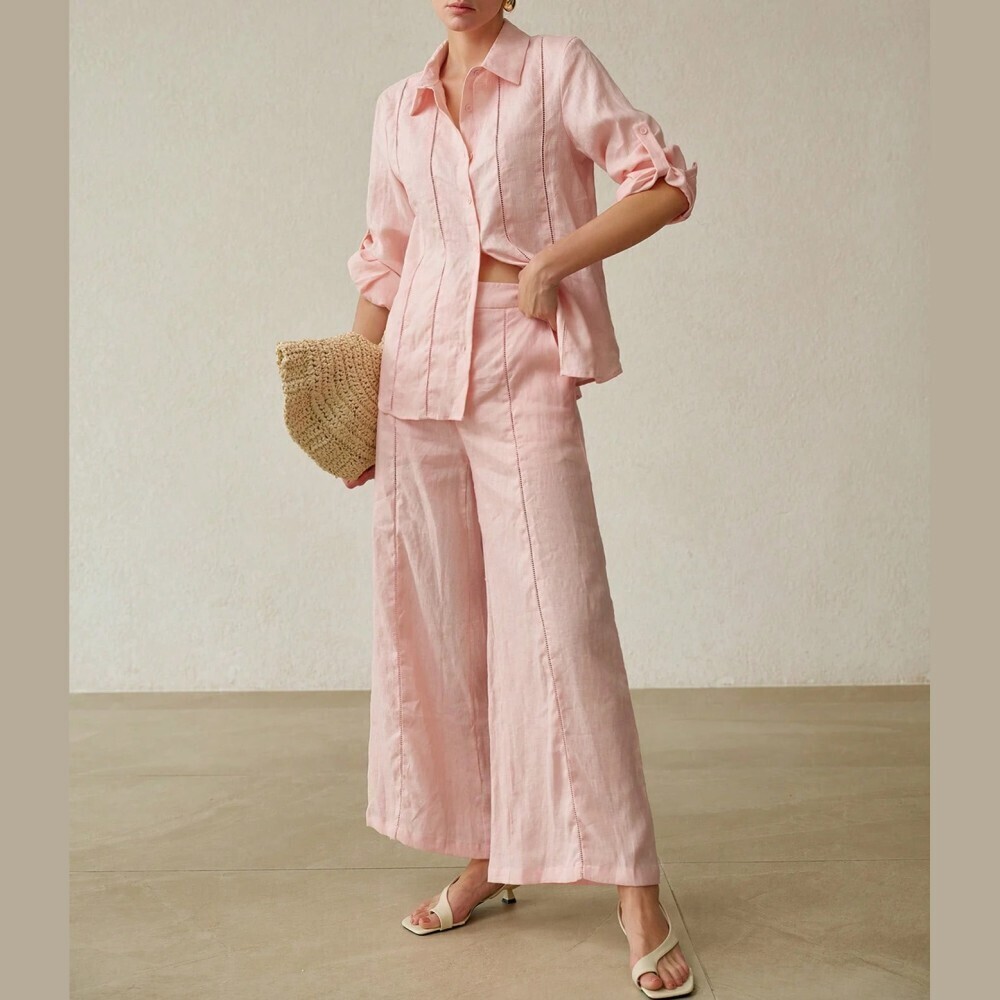 Pink Linen Button-Down Shirt with Ladder Trim Detail - Picture 2 of 7